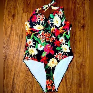 SHEIN Tropical Floral One Piece Swimsuit - Black, Red, Green